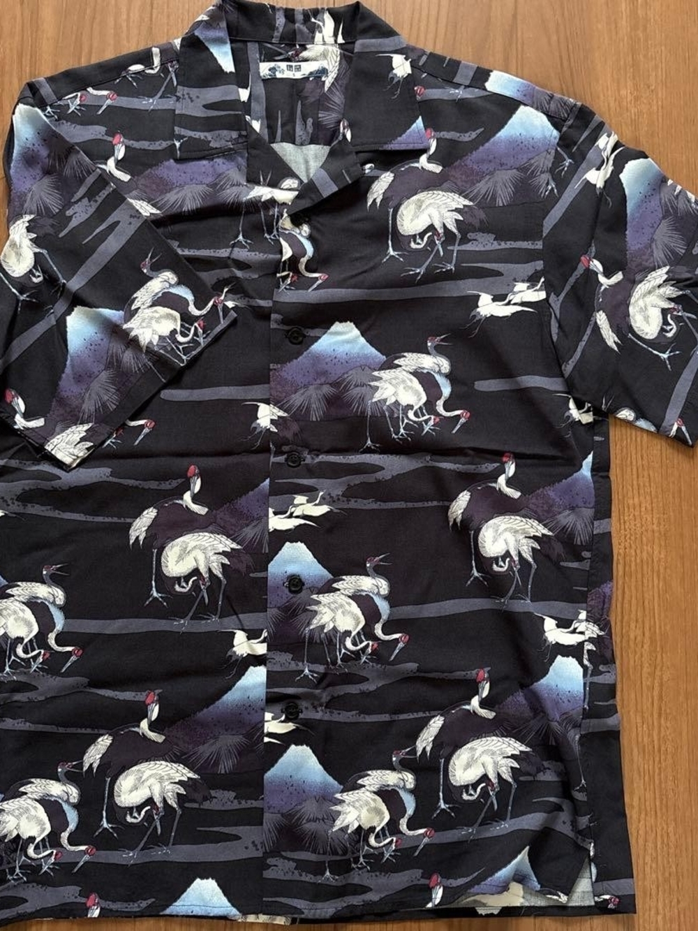 Cranes Print Short-Sleeve Camp Shirt - Black Uniqlo oversized